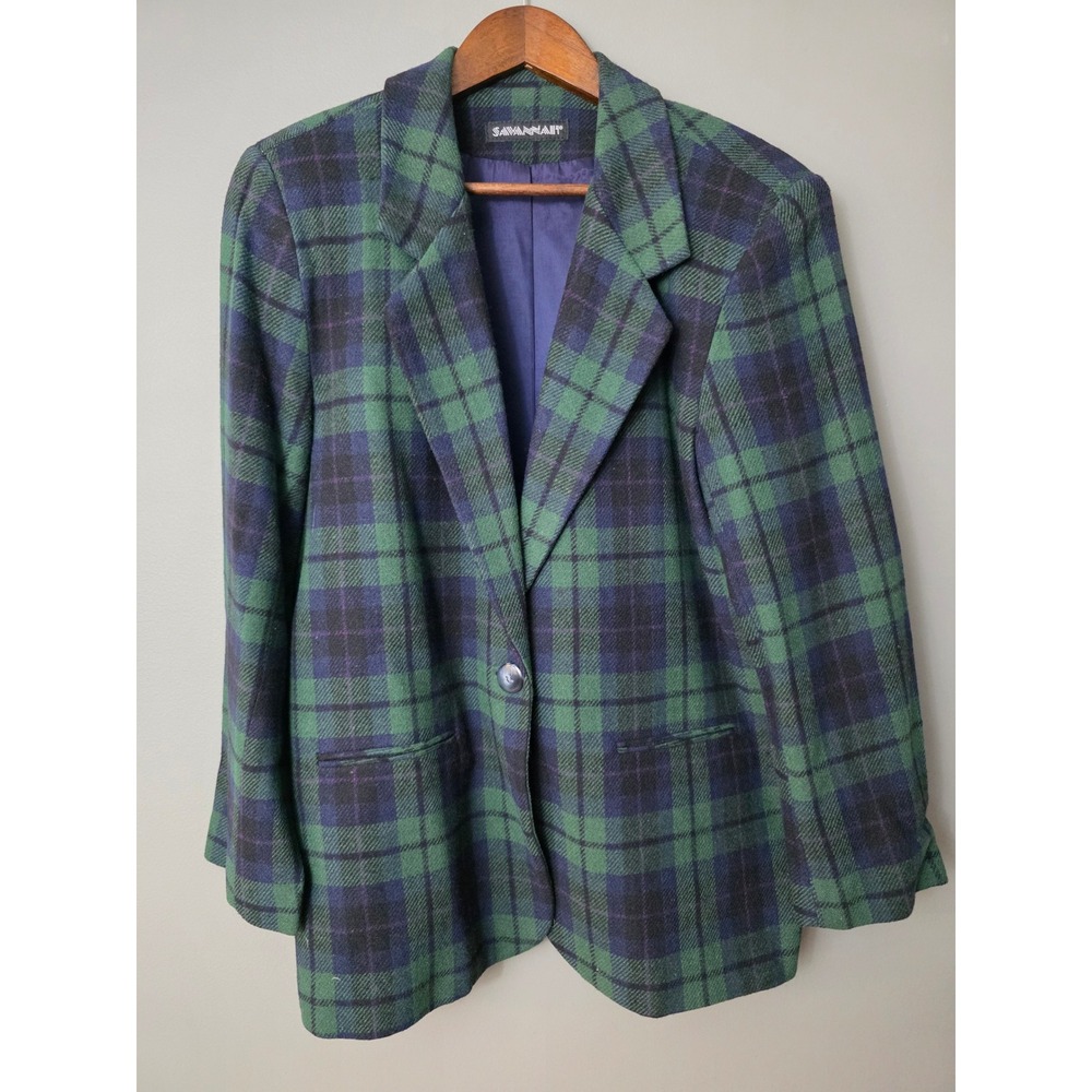 Savannah Vintage Wool Blend Plaid Blazer Green Navy Blue Black Watch USA Made 12